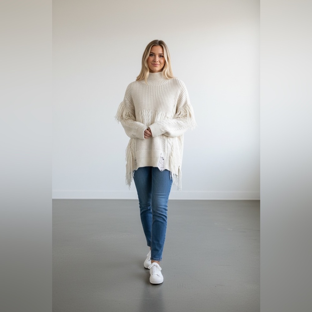 Free Generation Cream Cozy Fringe Turtleneck Sweater Size M EUC